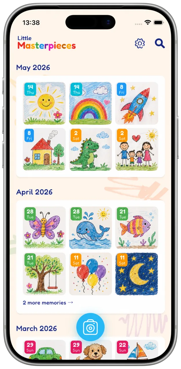 Little Masterpieces home screen showing children's drawings organised by month