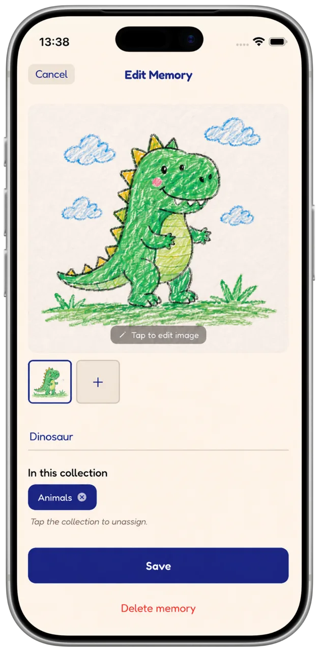 Editing a memory: naming a dinosaur drawing and assigning it to a collection