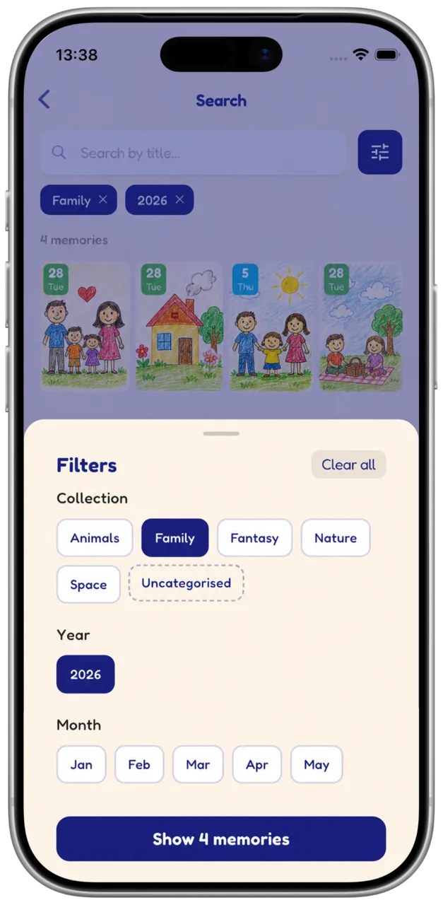 Search screen with filters for collection, year and month